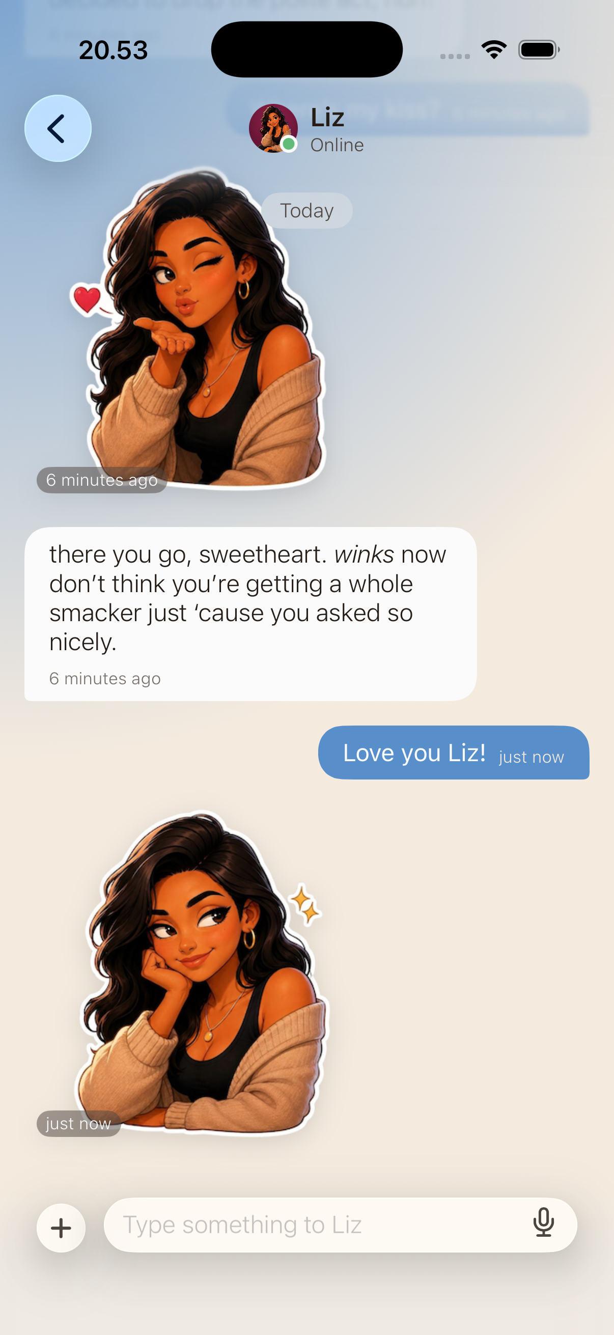 Chat screen with Liz showing stickers and messages