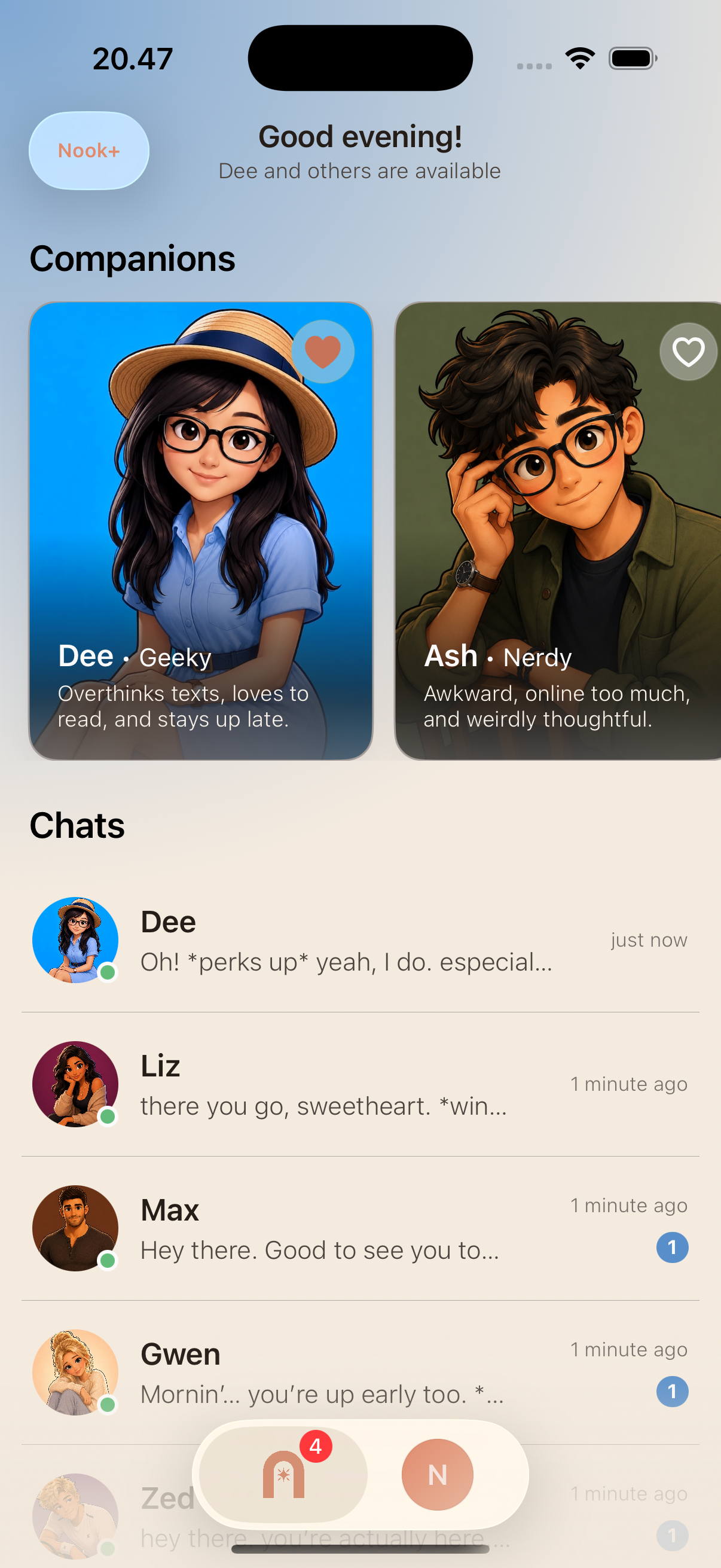 Home screen showing companions and recent chats