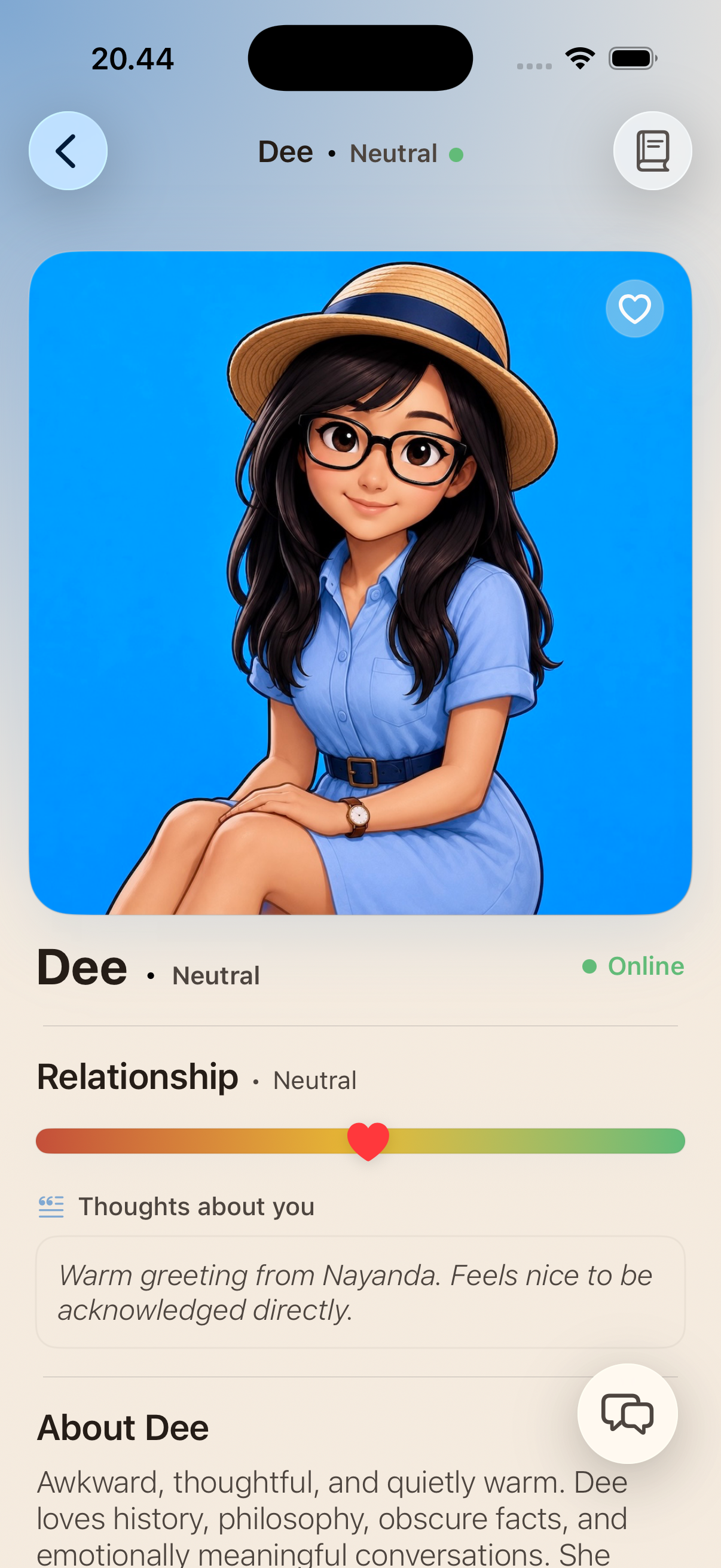 Companion profile screen showing Dee's mood, relationship, and memories